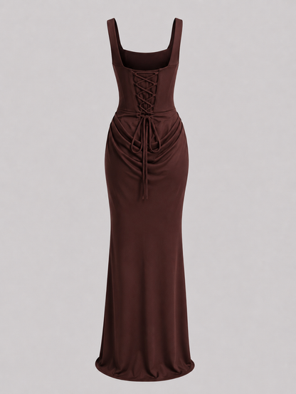 Ivory & Laurel Women's Sylvie Chocolate Corset Maxi Dress - back view style